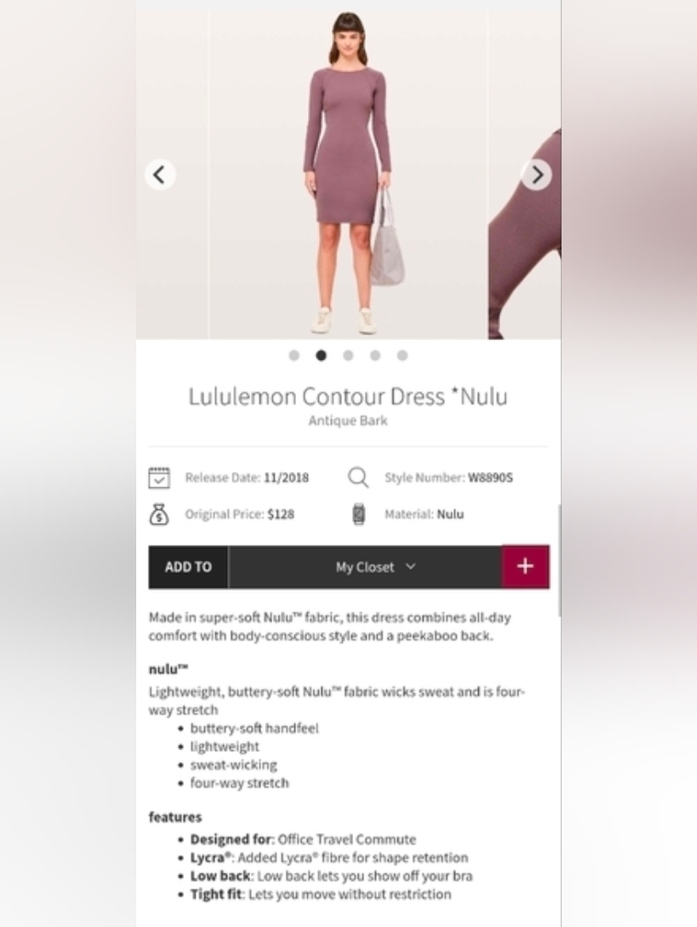 NWT Lululemon Contour Dress *Nulu, Size 4 - Picture 6 of 10